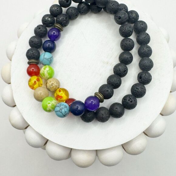 2 Lava Rock Diffuser Stretch Bracelets With Rainbow Stone Glass Beads Chakra - Picture 2 of 7